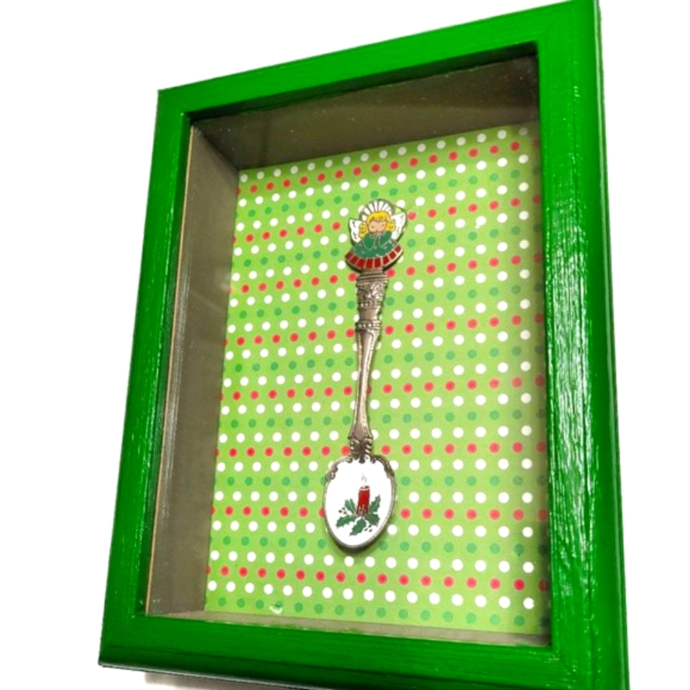 Christmas 5x7 Shadow Box of Art with Angel Candle Spoon-NWT-Handmade